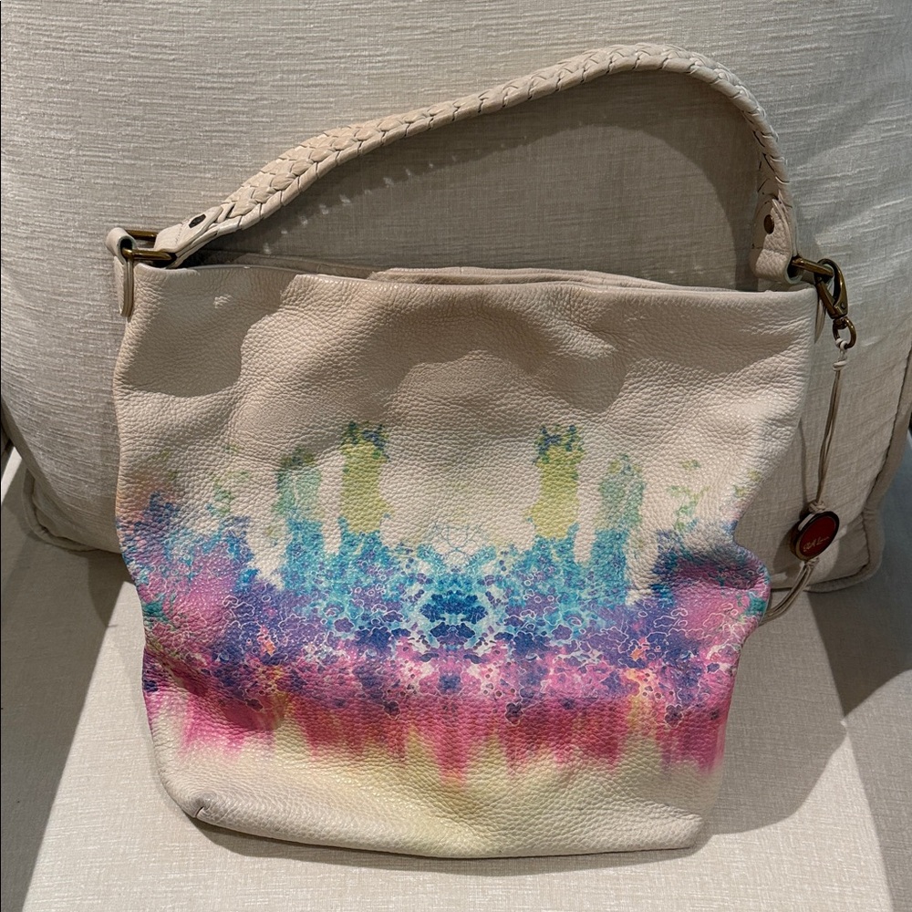 Elliott Lucca White Leather Shoulder Bag with Multicolor Watercolor Accent